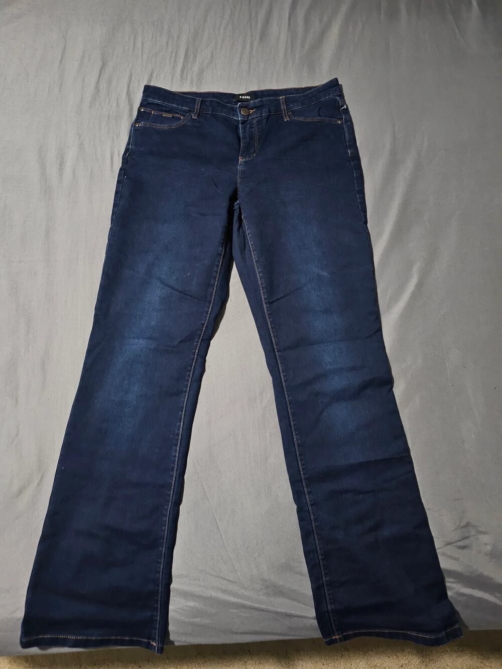 Dark wash denim jeans contrast stitching faded whiskering five pocket zip fly